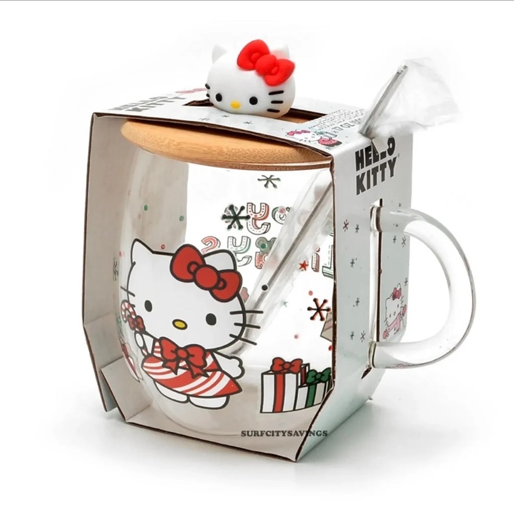 Sanrio Hello Kitty Holiday Glass Mug with Lid & Spoon NWT